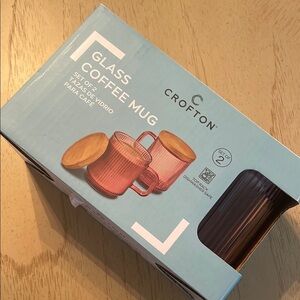Crofton Glass Coffee Mugs with Bamboo Lid, 10.82 oz. Set of 2, PINK (NEW IN BOX)